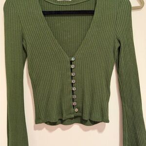 Reformation Forest Green Ribbed Button-Up Shirt